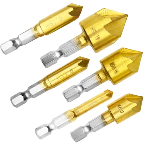 GOSHUNG 6 Stück 1/4-Zoll-Schaft Kegelsenker Bohrer Sechskantschaft Holzbearbeitung Kegelsenker-Bits 5 Rillen 90 Grad Anfasen Kegelsenker Bohrer-Set für Holz Metall Anfasen (K/Gold/6, 8, 9, 12, 16, 19 von GOSHUNG