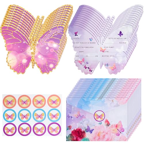 GOTFUN 12 Stück Einladungskarten Kindergeburtstag Mädchen junge Schmetterling Party Einladung Karte, Geburtstagseinladungen Mädchen mit 12 Briefumschläge und Schmetterling Aufkleber von GOTFUN