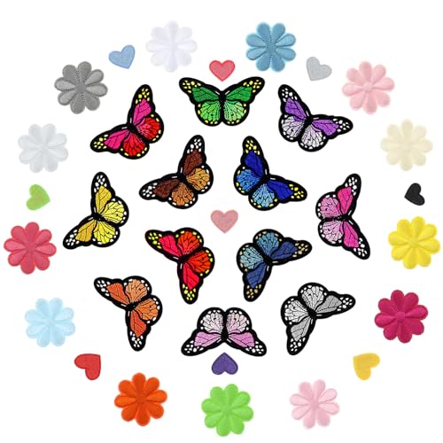 GOTFUN 34 Stück Schmetterling Blumen Herz Bügelflicken zum Aufbügeln Bekleidung Applikation Embroidered Iron on Patches Herz Muster für DIY Kleidung Jacken Hüte Rucksäcke Jeans Reparieren Deko von GOTFUN