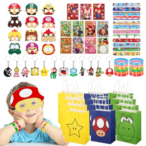 GOTFUN 72 Stück Mario Party Mitgebsel Kindergeburtstag Set, Mario Geburtstag Mitgebsel Party Zubehör Enthält Mario Geschenktasche Schlüsselanhänger Anhänger Armband Mario Maske Aufkleber von GOTFUN