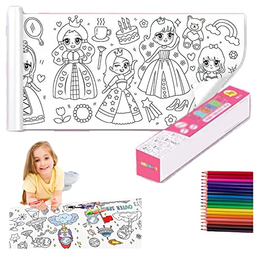 GOTOBMP Schneidbare Zeichenrolle FüR Kinder, Malpapier-Rolle FüR Kinder Children's Drawing Roll, Zeichenrolle Zum Ausmalen mit 18 Farben Bleistifte (Süße Prinzessin) von GOTOBMP