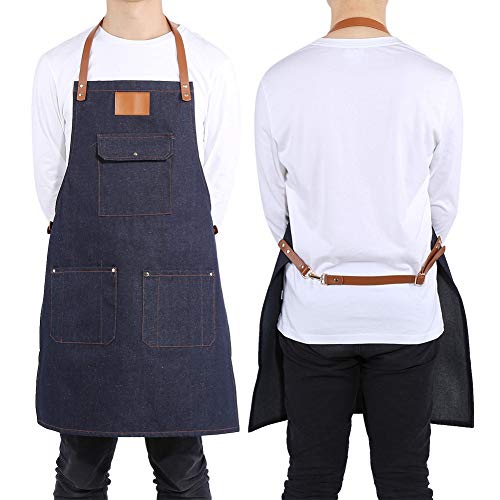 Jeansschürze mit Taschen Erwachsene Männer Frauen Lederband Baker Barkeeper BBQ Chef Lätzchen Arbeit Koch Uniform Küche (23,62 x 29,53 in)(Blue) von GOTOTOP