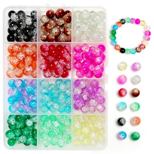 GOTRUST 240pcs Crackle Glasperlen zum Basteln, 8mm Edelstein Perlen Set Rund, Bunte Glasperlen Mix, Bunt Glas Edelsteinperlen zum Auffädeln mit Loch für DIY Armbänder Halskette (Glas) von GOTRUST