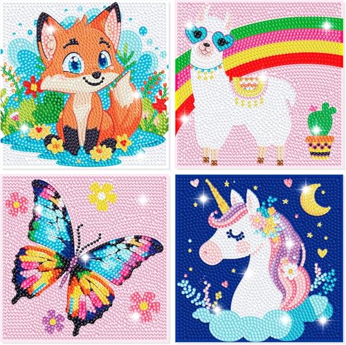 4er Set Diamond Painting Kinder- Diamond Painting Tiere für Bastelset Kinder ab 6 Jahre, DIY 5D Diamant Painting Bilder für Basteln Mädchen 6 7 8 9 10 11 12 Jahre mit Diamond Painting Zubehör 15x15cm von GOUGOUFAFA