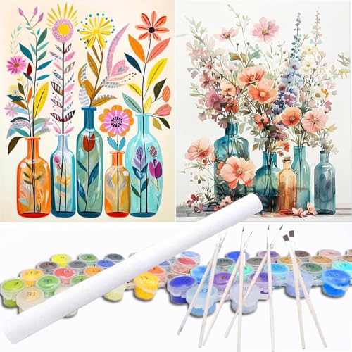 GOUGOUFAFA 2 Stück Malen Nach Zahlen Erwachsene Blumen- Blumen Malen nach Zahlen Diy Erwachsene, Acrylfarbe Leinwand und 8 Pinsel Kit Geschenk Home Haus Deko Ohne Rahmen(40×50cm) von GOUGOUFAFA