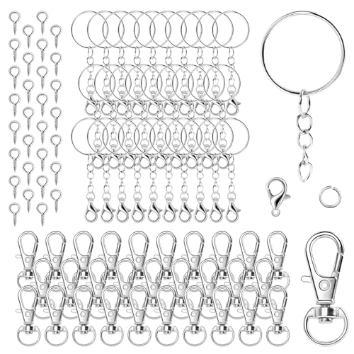 150 Stück Karabinerverschlüsse Schlüsselketten Set, 25mm Silber Schlüsselringe mit Kette, Karabinerhaken Schlüsselanhänger Basteln Zubehör, Selber Machen Schlüsselanhänger Ringe für DIY Schlüssel von GOWTX