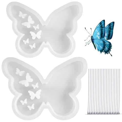 2 Stück Schmetterling Silikon Gießformen, 3D Schmetterling Thema Backform, Holografische Harzformen Schmetterlingsform mit Kerzendocht Draht, Schmetterlingsflügel Fee Harz Silikonform für Gelee von GOWTX