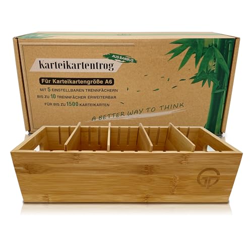 GP Get Productive Karteitrog für 1500 DIN A6 Karteikarten, inkl. 4 einstellbaren Trennbrettern der Holz-Karteitrog quer, Karteikasten Bambus Holz Lernbox glanzbeschichtet in premium Qualität von GP Get Productive