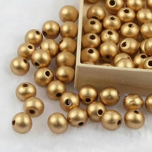 50–500 Stück 6–12 mm gold-silberfarbene Holzperlen, runde Holzkugeln, Abstandsperlen zur Schmuckherstellung, DIY-Armband-Gold-10 mm, 100 Stück von GPRTPL