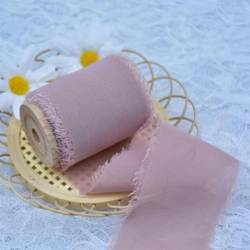 Handgemachte Chiffonbänder aus Seide mit ausgefransten Kanten und Holzspule, transparentes Klebeband zum Verpacken von Einladungssträußen, Flatlay-Dusty Rose, 4 cm x 5,5 m von GPRTPL