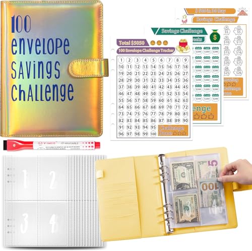 Budget Planer, A5 Budget Binder, 100 Tage Umschlag Geld Sparen Herausforderung, Geld Organizer Ringbuch, Haushaltsbuch mit Geldfächer, Budget Planer Buch für Büro, Haus, Schule (Gelb) von GQDGCU