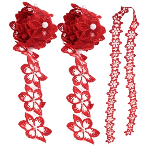 GRADENEVE 3St Perlwasserlösliche Spitze Spitzenband selber machen Blumenspitze aus Organza Blumenbesatz zum Nähen trimmschere tischläufer Spitzengewebeband DIY-Nähmaterial Polyester rot von GRADENEVE