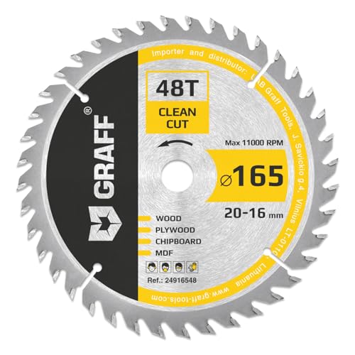 Kreissägeblatt 165x20 mm (16 mm Adapter) für Holz (fein) – Sägeblatt 165x20 für feine Schnitte von Weich und Hartholz (48 Zähne) – Kompatibel mit Makita und Bosch Sägeblatt 165x20 von GRAFF