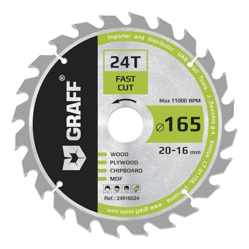 Kreissägeblatt 165x20 mm (16 mm Adapter) für Holz (grob) – Sägeblatt 165x20 für schnelle Schnitte von Weich und Hartholz (24 Zähne) – Kompatibel mit Makita und Bosch Sägeblatt 165x20 von GRAFF