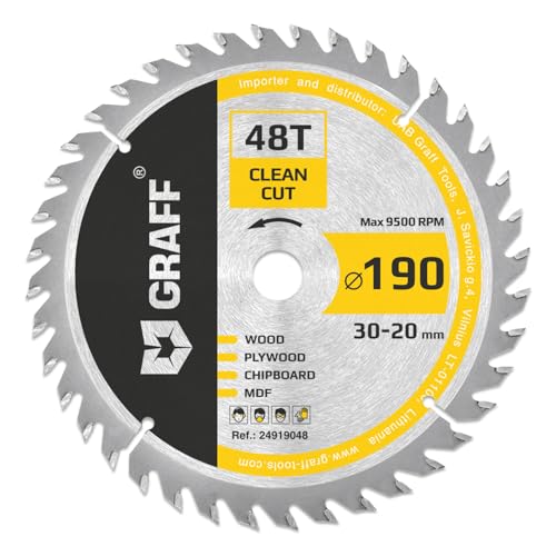 Kreissägeblatt 190x30 mm (20 mm Adapter) für Holz (fein) – Sägeblatt 190x30 für feine Schnitte von Weich und Hartholz (48 Zähne) – Kompatibel mit Makita und Bosch Sägeblatt 190x30 von GRAFF