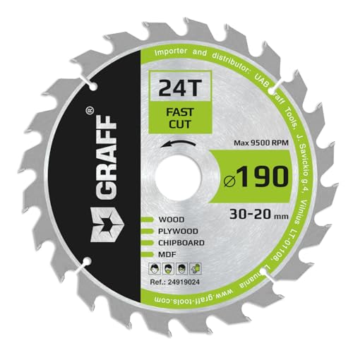 Kreissägeblatt 190x30 mm (20 mm Adapter) für Holz (grob) – Sägeblatt 190x30 für schnelle Schnitte von Weich und Hartholz (24 Zähne) – Kompatibel mit Makita und Bosch Sägeblatt 190x30 von GRAFF