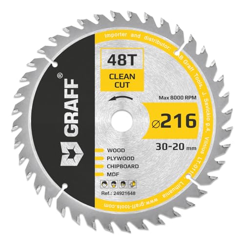 Kreissägeblatt 216x30 mm (20 mm Adapter) für Holz (fein) – Sägeblatt 216x30 für feine Schnitte von Weich und Hartholz (48 Zähne) – Kompatibel mit Makita und Bosch Sägeblatt 216x30 von GRAFF