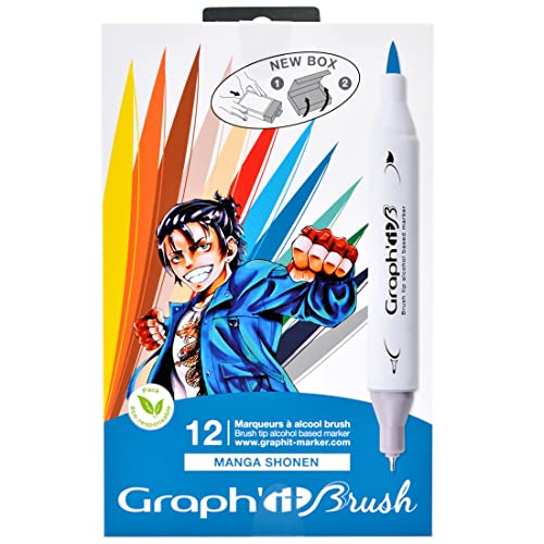 GRAPH'IT Brush Marker Set mit 12 Alkoholmarkern mit doppelter Spitze für Manga und Illustration, extrafeine Spitze und Pinsel – Manga Shonen Set von GRAPH'IT