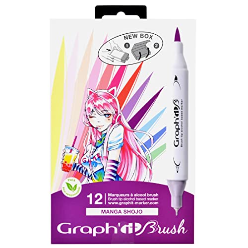 GRAPH'IT Brush Marker Set mit 12 Spirituosenmarker mit Doppelspitze für Manga und Illustration, extra feine Spitze und Pinsel - Manga Shojo Set von GRAPH'IT