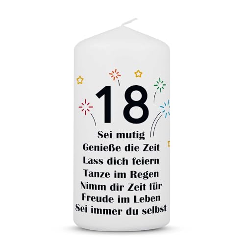 GRAVURZEILE Bedruckte Kleine Kerze - 18 Jahre Geburtstagskerze - brilliant bedruckte Kerze zum 18. Geburtstag mit Spruch - Tischdeko - Geschenk für Mädchen & Jungen zur Volljährigkeit von GRAVURZEILE