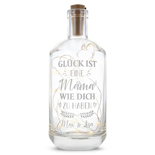 GRAVURZEILE Flaschenlicht mit Gravur - Personalisiert mit Name - Glück ist eine Mama wie dich zu haben - Deko mit LED Beleuchtung für Innen inkl. Lichterkette - Geschenke für Frauen zum Muttertag von GRAVURZEILE