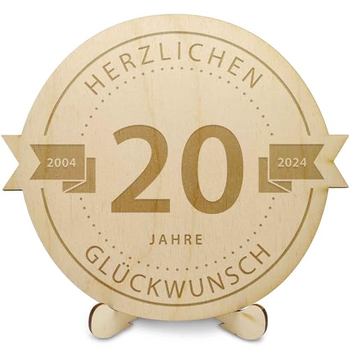 GRAVURZEILE Holzschnitte - Gravierte Holzscheibe 20 Jahre - Geschenk zum Jubiläum 2024 - Größe: 20 cm - Rustikales Geschenk zum Geburtstag, Jahrestag & Firmenjubiläum - für DIY Geschenke geeignet von GRAVURZEILE