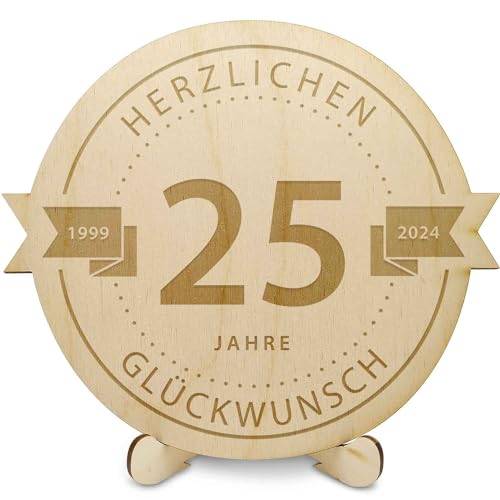 GRAVURZEILE Holzschnitte - Gravierte Holzscheibe 25 Jahre - Geschenk zum Jubiläum 2023 - Größe: 20 cm - Rustikales Geschenk zum Geburtstag, Jahrestag & Firmenjubiläum - für DIY Geschenke geeignet von GRAVURZEILE