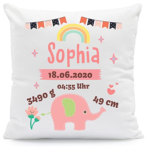 GRAVURZEILE Kissen mit Motiv - Babydaten und Elefant - Personalisierbar mit Name Datum Größe Gewicht des Kindes - Geschenk für Mama Papa Eltern - Geschenk zur Geburt Babyparty - Farbe: Rosa von GRAVURZEILE