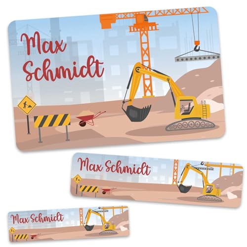 GRAVURZEILE Schuletiketten - Baustelle - Personalisiert mit Namen - 100 Aufkleber in 3 Größen für das Beschriften von Schulsachen Hefte Bücher - Geschenk zum Schulanfang - Farbe: Bagger von GRAVURZEILE