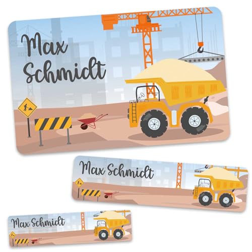 GRAVURZEILE Schuletiketten - Baustelle - Personalisiert mit Namen - 100 Aufkleber in 3 Größen für das Beschriften von Schulsachen Hefte Bücher - Geschenk zum Schulanfang - Farbe: Kipplaster von GRAVURZEILE