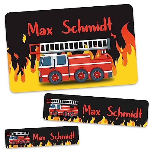 GRAVURZEILE Schuletiketten - Feuerwehr Design - Personalisiert mit Namen - 100 Aufkleber in 3 Größen für das Beschriften von Schulsachen Hefte Bücher - Geschenk zum Schulanfang zur Einschulung von GRAVURZEILE