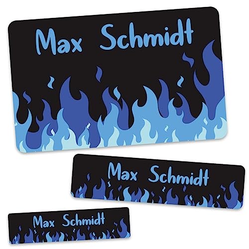 GRAVURZEILE Schuletiketten - Flammen Design - Personalisiert mit Namen - 100 Aufkleber in 3 Größen für das Beschriften von Schulsachen Hefte Bücher - Geschenk zur Einschulung - Farbe Blau von GRAVURZEILE