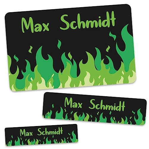 GRAVURZEILE Schuletiketten - Flammen Design - Personalisiert mit Namen - 100 Aufkleber in 3 Größen für das Beschriften von Schulsachen Hefte Bücher - Geschenk zur Einschulung - Farbe Grün von GRAVURZEILE