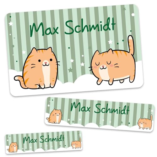 GRAVURZEILE Schuletiketten - Katzen Design - Personalisiert mit Namen - 100 Aufkleber in 3 Größen für das Beschriften von Schulsachen Hefte Bücher - Geschenk zum Schulanfang - Farbe: Orange von GRAVURZEILE