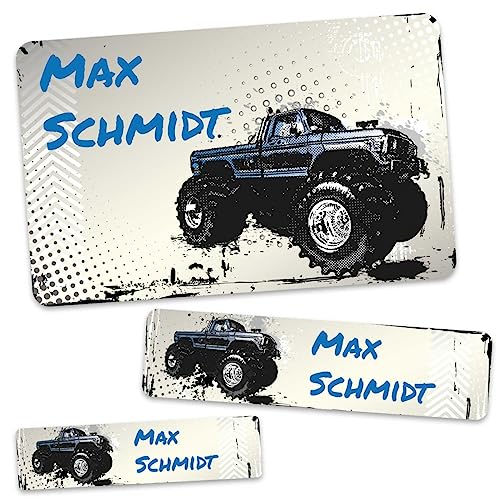 GRAVURZEILE Schuletiketten - Monstertruck - Personalisiert mit Namen - 100 Aufkleber in 3 Größen für das Beschriften von Schulsachen Hefte Bücher - Geschenk zum Schulanfang zur Einschulung von GRAVURZEILE