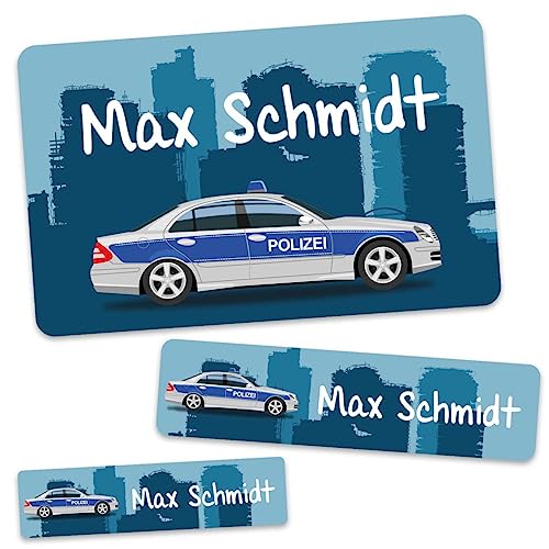 GRAVURZEILE Schuletiketten - Polizei Design - Personalisiert mit Namen - 100 Aufkleber in 3 Größen für das Beschriften von Schulsachen Hefte Bücher - Geschenk zum Schulanfang zur Einschulung von GRAVURZEILE