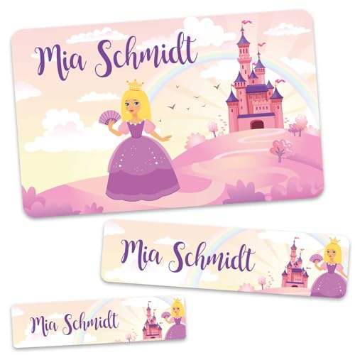 GRAVURZEILE Schuletiketten - Prinzessin - Personalisiert mit Namen - 100 Aufkleber in 3 Größen für das Beschriften von Schulsachen Hefte Bücher - Geschenk zum Schulanfang - Farbe: Lila von GRAVURZEILE