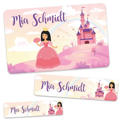 GRAVURZEILE Schuletiketten - Prinzessin - Personalisiert mit Namen - 100 Aufkleber in 3 Größen für das Beschriften von Schulsachen Hefte Bücher - Geschenk zum Schulanfang - Farbe: Rosa von GRAVURZEILE