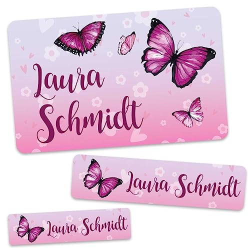 GRAVURZEILE Schuletiketten - Schmetterling - Personalisiert mit Namen - 100 Aufkleber in 3 Größen für das Beschriften von Schulsachen Hefte Bücher - Geschenk zum Schulanfang zur Einschulung von GRAVURZEILE