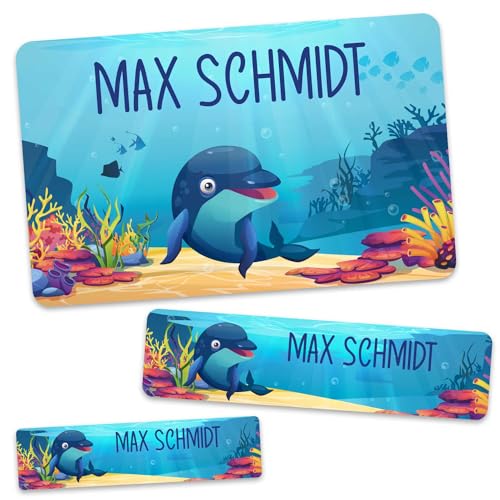 GRAVURZEILE Schuletiketten - Unterwasser - Personalisiert mit Namen - 100 Aufkleber in 3 Größen für das Beschriften von Schulsachen Hefte Bücher - Geschenk zum Schulanfang - Farbe: Delphin von GRAVURZEILE