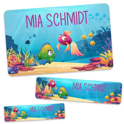 GRAVURZEILE Schuletiketten - Unterwasser - Personalisiert mit Namen - 100 Aufkleber in 3 Größen für das Beschriften von Schulsachen Hefte Bücher - Geschenk zum Schulanfang - Farbe: Fische von GRAVURZEILE