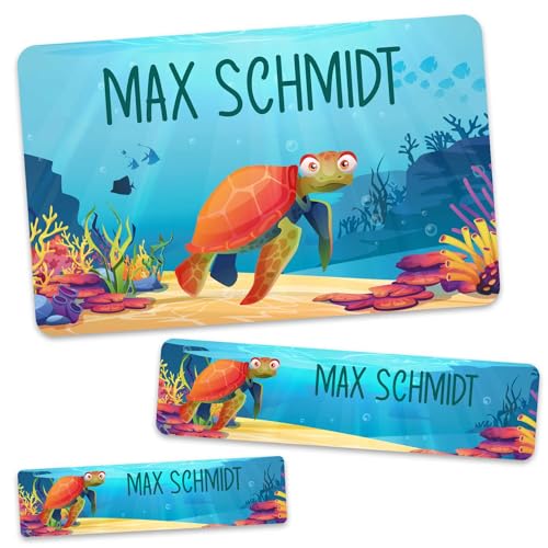 GRAVURZEILE Schuletiketten - Unterwasser - Personalisiert mit Namen - 100 Aufkleber in 3 Größen für das Beschriften von Schulsachen Hefte Bücher - Geschenk zum Schulanfang - Farbe: Schildkröte von GRAVURZEILE