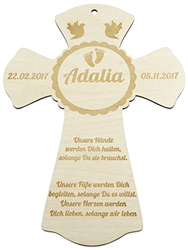 GRAVURZEILE Taufkreuz aus Holz mit Gravur des Namen Taufspruch Geburtsdatum Taufdatum | Geschenk zur Taufe & Geburt | Taufgeschenk | Personalisiert | Größe 28 x 30 cm von GRAVURZEILE