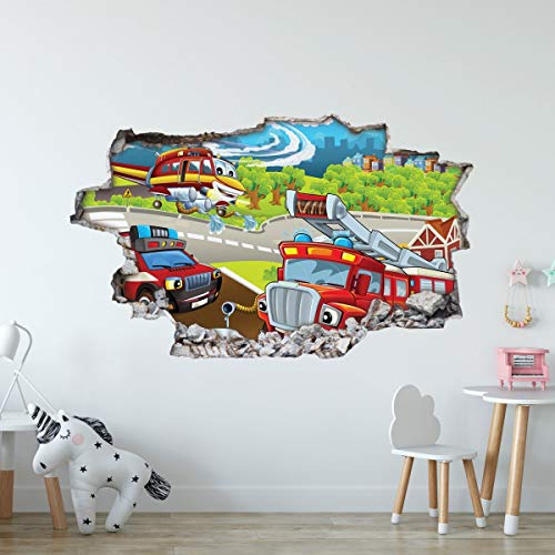 GRAVURZEILE Wandtattoo Kinderzimmer im Feuerwehr Design - Wandsticker Wandaufkleber - 3D Wanddurchbruch & Deko - Größe ca. 115 x 70 cm Farbe Feuerwehr V1 von GRAVURZEILE