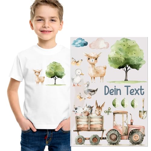 GRAZDesign Aufbügelbilder Trecker mit Tieren mit Namen personalisiert, DIN A4 Bogen Textilaufkleber zum selbst bügeln von GRAZDesign