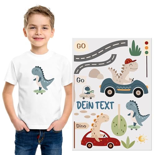 GRAZDesign Bügelbild Dino Set Autos mit Namen DIN A4 Aufbügler Dinosaurier Bügelbild für Jungs von GRAZDesign