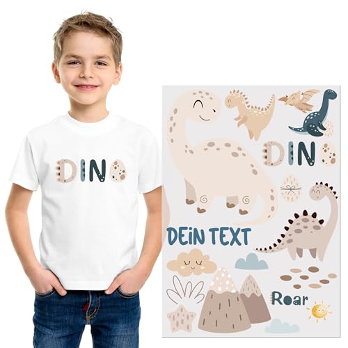 GRAZDesign Bügelbild Dino Set Boho mit Namen DIN A4 Aufbügler Dinosaurier Bügelbild für Jungs von GRAZDesign