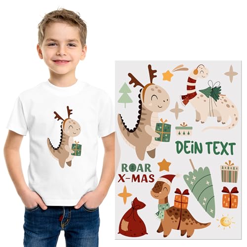 GRAZDesign Bügelbild Dino Set Weihnachten mit Namen DIN A4 Aufbügler Dinosaurier Bügelbild für Jungs von GRAZDesign