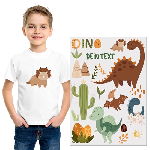 GRAZDesign Bügelbild Dino Set mit Namen DIN A4 Aufbügler Dinosaurier Bügelbild für Jungs von GRAZDesign