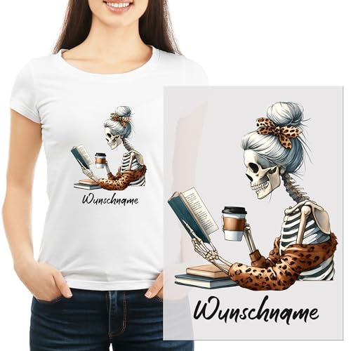 GRAZDesign Bügelbild Frau Skelett mit Namen personalisiert, lustiges Motiv Gruselgeschenke für Frauen zum aufbügeln Halloween von GRAZDesign